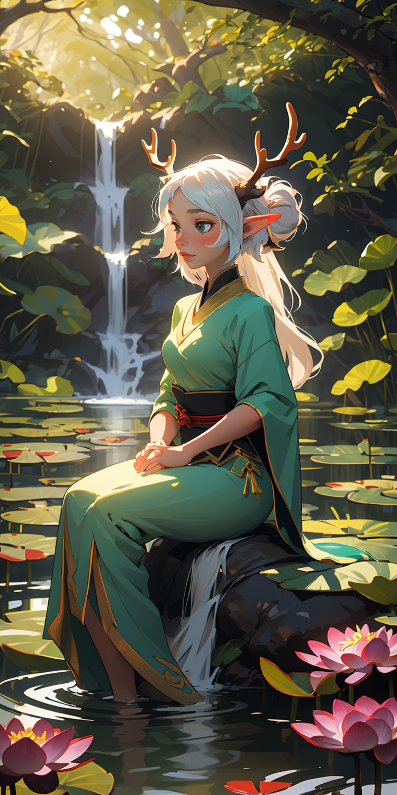 (masterpiece, best quality), 1girl, elf, misty forest, sitting, in water, waterfall, deer antlers, lotus, looking away, bl...